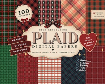 Plaid & Tartan Digital Paper Bundle: 100 SVG PNG Patterns for Scrapbooking and Christmas Crafts