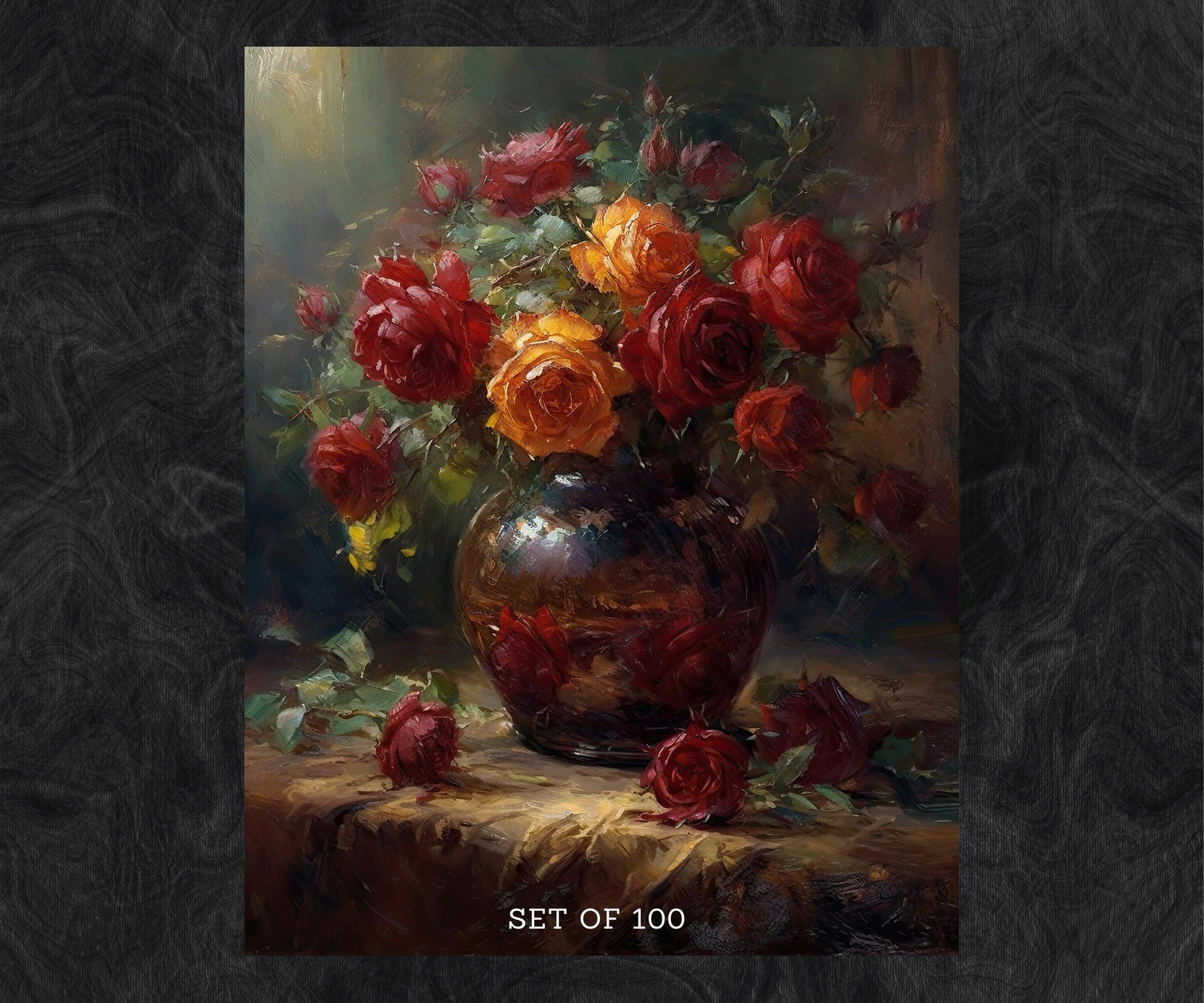 Dark Rose Oil Painting Print Set - Vintage Flowers in Glass Vase, Moody ...