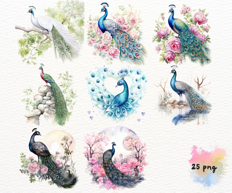 May include: A set of nine watercolor illustrations featuring peacocks in various poses and settings. The peacocks are depicted with vibrant blue, green, and gold feathers, and are surrounded by flowers, leaves, and other natural elements.