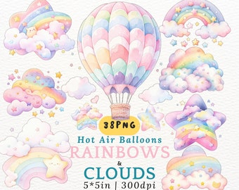 Pastel Rainbow Hot Air Balloon Clipart Cloud Star PNG Watercolor Nursery Wall Art Kawaii Printable Baby Shower Digital Download for Kids