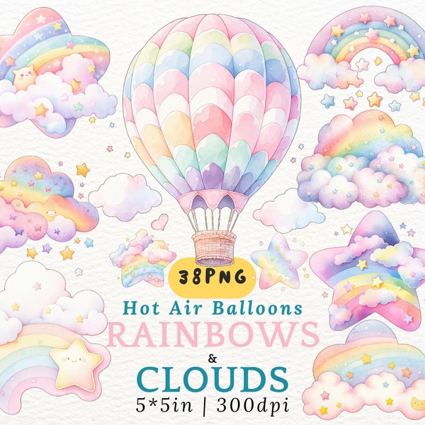 Watercolor Pastel Rainbow Cloud Star Balloon Cliparts, Kawaii Cartoon Colorful Magical Sky Element Kids Nursery Decor png, Baby Shower Party