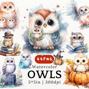 Clipart de Corujas Gordinhas em Aquarela - Corujas de Desenho Animado Kawaii Fofas, Corujas Bebês PNGs Fundo Transparente, Animais Fofos, Decoração de Berçário