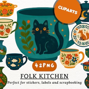 May include: A set of 42 digital illustrations of folk kitchen themed clipart. The clipart features a black cat, a fox, and various floral patterns in shades of blue, green, yellow, red, and orange. The clipart is perfect for stickers, labels, and scrapbooking.