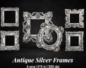 May include: Six antique silver picture frames with ornate designs. The frames are arranged in a row, with the largest frame in the center. The frames are all empty, and the background is black.