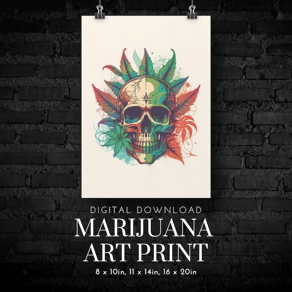 Marijuana Art Print, Cool Retro Style Design for Home Decor, Skull Art Print, Edgy Aesthetic, ,Home Decor, Vintage-Inspired Aesthetic