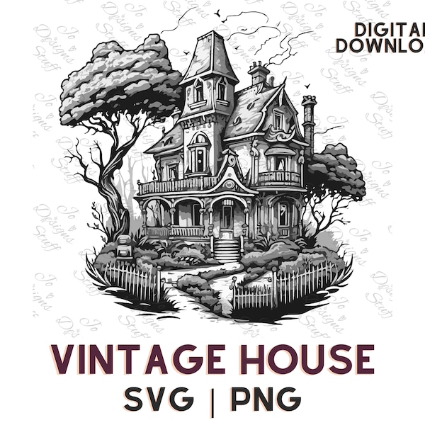 Giant Victorian House SVG - Creepy, Retro Style Illustration in Black and White Hand-Drawn Design, Elegant and Eerie Atmosphere