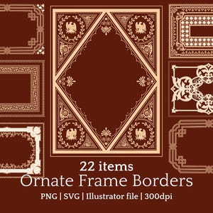 Puede incluir: Una colección de 22 bordes de marcos ornamentados en varias formas y diseños. Los marcos son en tonos marrones y beige, con patrones intrincados y elementos decorativos. El texto "Ornate Frame Borders" se muestra debajo.