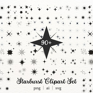 Pacote de clipart minimalista Starburst PNG SVG AI, elementos retrô brilhantes para Cricut, adesivos, convites, logotipos, download digital