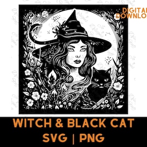 Boze heks SVG, heks kat SVG, Halloween SVG, heks clipart, heks gezicht SVG, Halloween kat SVG, mooie heks silhouet, met zwarte kat SVG