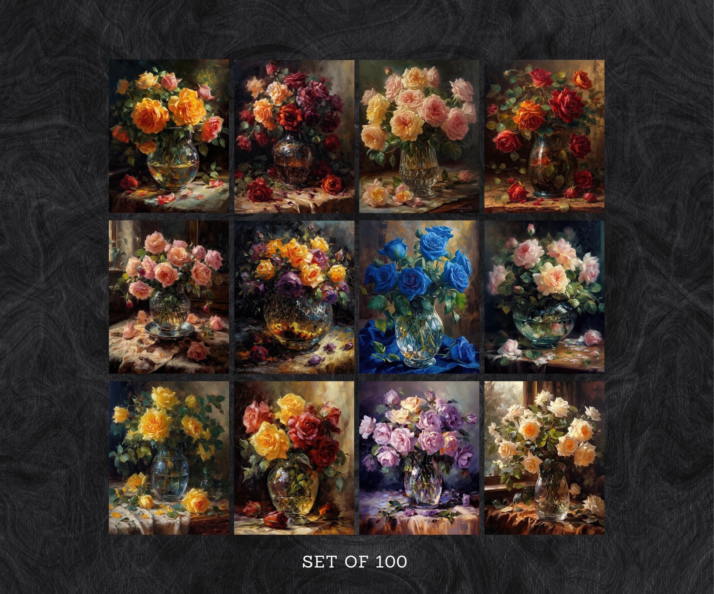 Dark Rose Oil Painting Print Set - Vintage Flowers in Glass Vase, Moody ...
