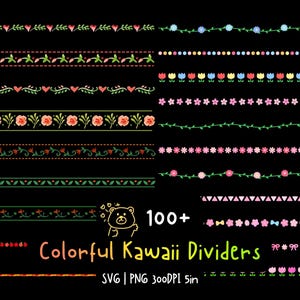 May include: A collection of colorful kawaii dividers on a black background. The dividers feature floral, heart, and geometric designs in various colors. The image includes the text "Colorful Kawaii Dividers" and "100+".