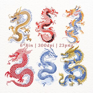 May include: Set of six digital illustrations of colorful dragons in various poses. The dragons are drawn in a traditional Chinese style with intricate details and patterns. The illustrations are perfect for use in digital projects, such as scrapbooking, card making, and web design.