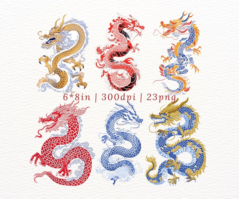 May include: Set of six digital illustrations of colorful dragons in various poses. The dragons are drawn in a traditional Chinese style with intricate details and patterns. The illustrations are perfect for use in digital projects, such as scrapbooking, card making, and web design.