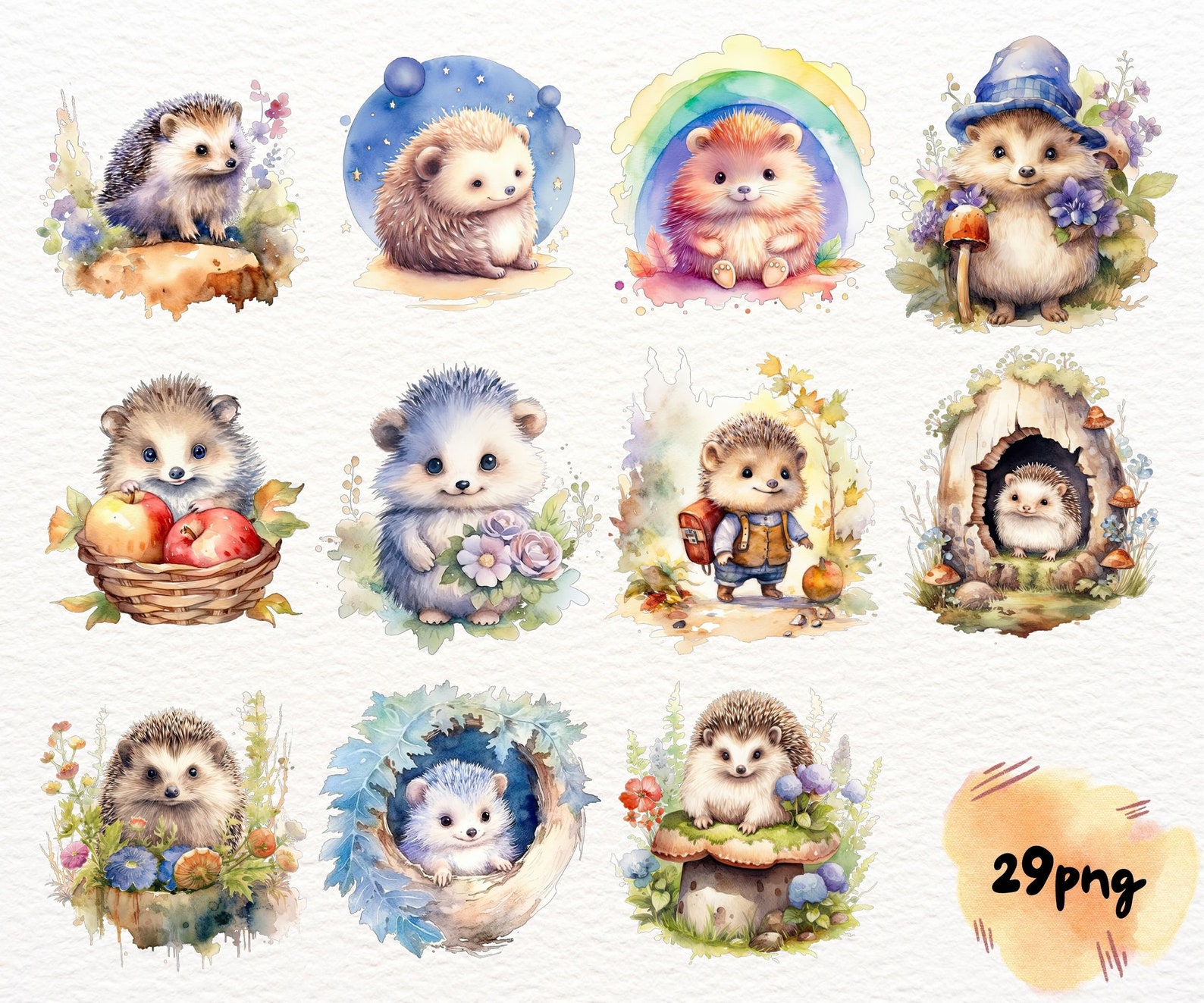 Chubby Hedgehogs Watercolor Clipart - Cute Kawaii Cartoon Hedgehogs ...