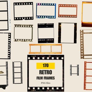 Op de afbeelding: Een verzameling van diverse fotografische filmstrips en kaders in zwart, wit, oranje en blauw. Het centrale kader bevat de tekst 170 RETRO FILM FRAMES PNG files. Deze rechthoekige randen zijn voorzien van perforatiegaatjes en filmranden.