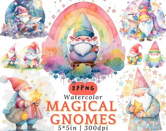 Rainbow Gnome PNG Clipart Watercolor Magical Gnomes with Stars Clouds Galaxies and Pastel Elements  300DPI Digital Download for Kids Crafts