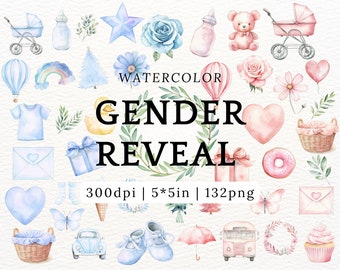 Pastel Gender Reveal PNG Clipart Watercolor Baby Announcement Digital Download, Blue and Pink Baby Shower Stickers for Nursery Decor
