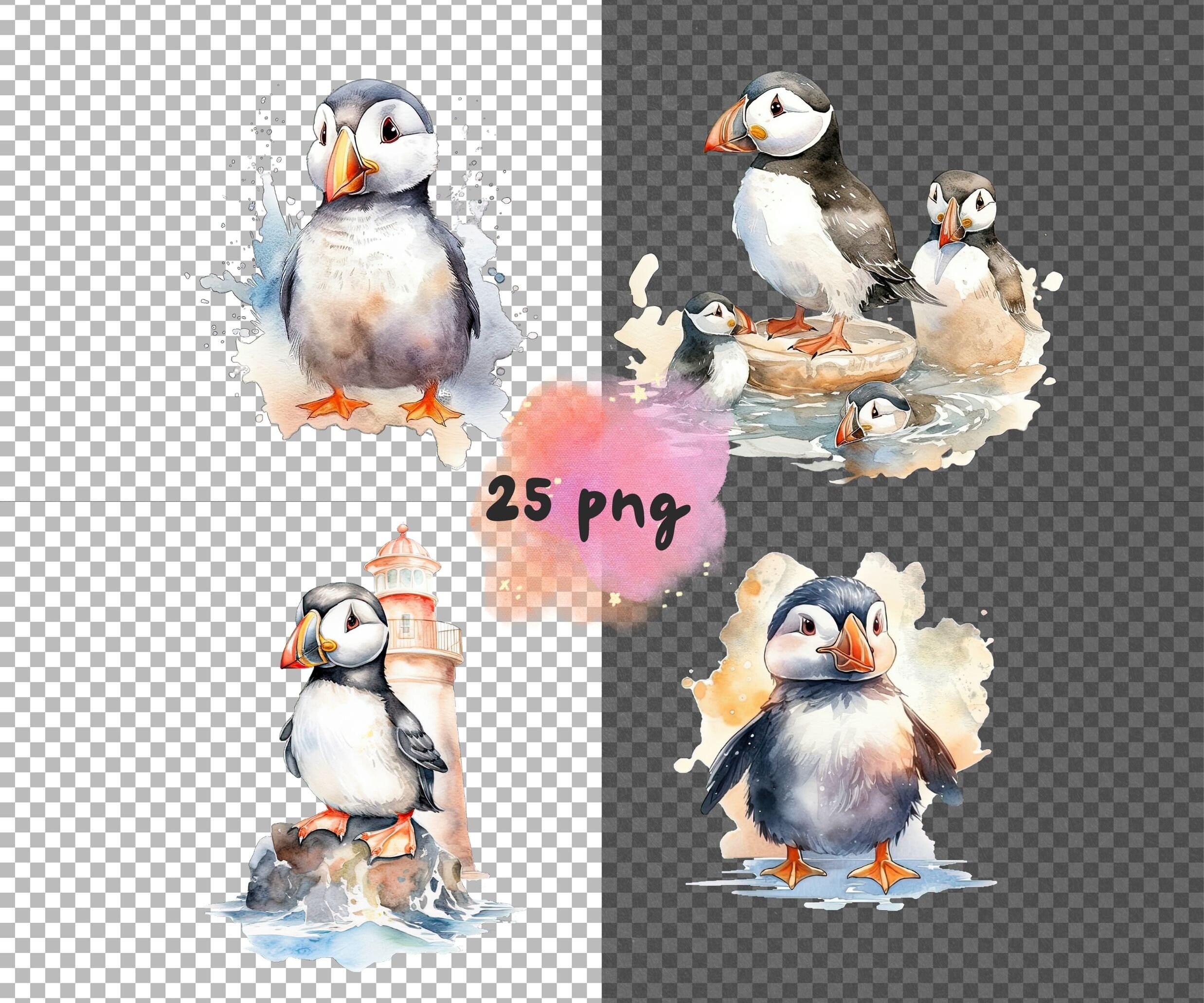 Chubby Puffin Watercolor Clipart - Cute Kawaii Cartoon Puffins, Baby ...