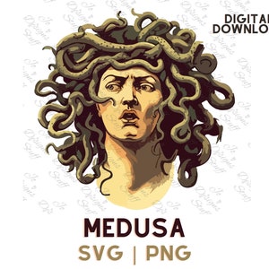 May include: A digital illustration of Medusa, a Greek mythological figure, with snakes for hair. The image is in a cartoon style with a white background. The text "MEDUSA SVG | PNG" is at the bottom of the image.