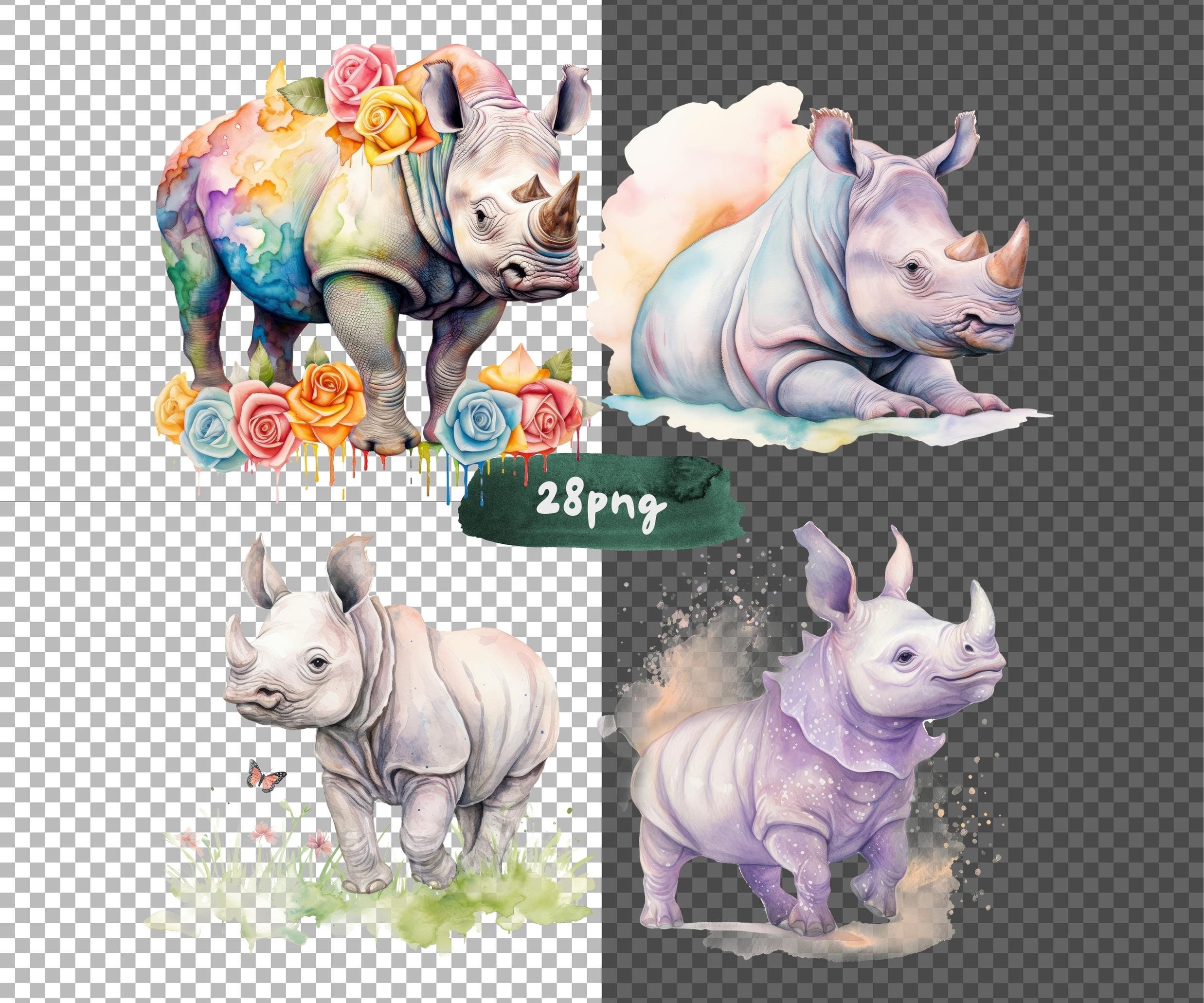 Rhinoceros Watercolor Clipart Bundle, Cute Baby Rhino PNG, Wild Safari ...