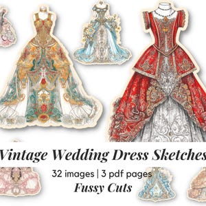 Fussy Cut Victorian Dress Clipart Antique Wedding Gown Sketch Printable PNG for Junk Journal Scrapbook Ephemera Fashion Costume Pages