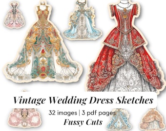 Fussy Cut Victorian Dress Clipart Antique Wedding Gown Sketch Printable PNG for Junk Journal Scrapbook Ephemera Fashion Costume Pages