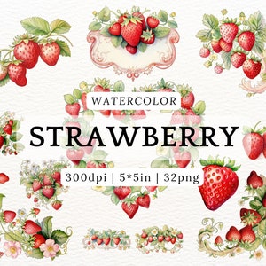 Clipart di fragole ad acquerello, cornice decorativa, linea, foglia, frutta, divisore, ghirlanda, bordo, elementi floreali, sfondo senza soluzione di continuità, album di ritagli