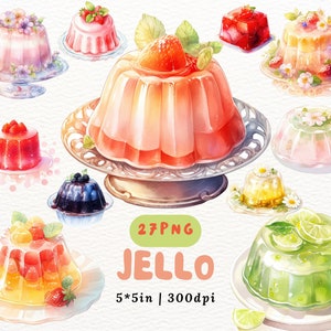 Gelatinas Clipart, Gelatinas Fofas, Gelatina em Aquarela, Gelatina Floral, Gelatina de Ervas, Imagem de Lanche, Gelatina de Morango, Comida Vintage, Uso Comercial