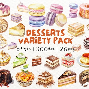 Watercolor Dessert Clipart Bundle-Cakes,Pies,Macarons,Flan, Pastries PNG - 300dpi Sweet Bakery Art, Printable Food Stickers for Scrapbooking