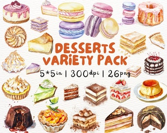 Watercolor Dessert Clipart Bundle-Cakes,Pies,Macarons,Flan, Pastries PNG - 300dpi Sweet Bakery Art, Printable Food Stickers for Scrapbooking
