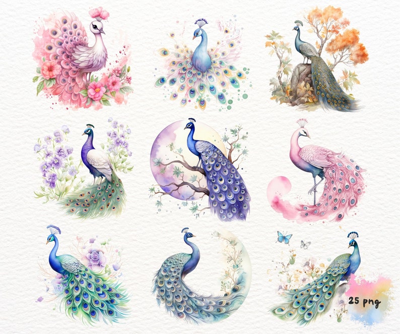 May include: A set of nine watercolor illustrations featuring peacocks with vibrant plumage in various poses. The peacocks are depicted with intricate details, including their feathers, eyes, and beaks. The illustrations are set against a white background and include floral elements.