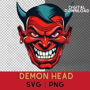 May include: A red demon head with a mischievous grin, blue hair, and horns. The demon head is isolated on a transparent background.