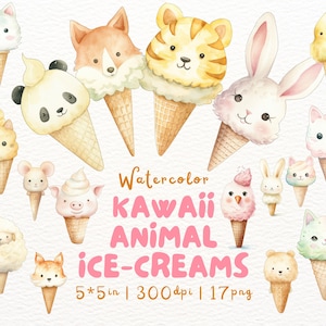 Kawaii Tier Eis Creme Clipart, Aquarell Süßes Dessert PNG, Cartoon Sommer Leckereien für KidsBirthday, Pastell Tierkegel Aufkleber, Digital