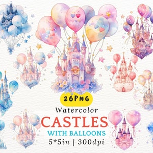 Pastel Fairy Tale Castle Clipart Balloon Castle PNG Nursery Art Princess Castle Digital Download for Baby Shower Birthday Kids Room Decor