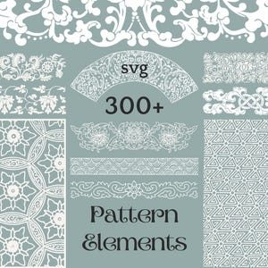 May include: A collection of over 300 white pattern elements on a teal background. The image includes various floral, geometric, and ornamental designs, along with the text "Pattern Elements". The word "svg" is also present.