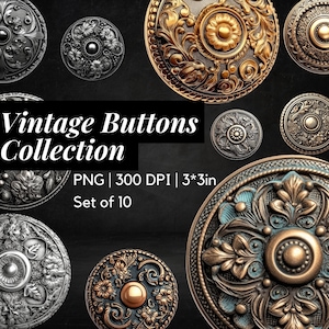 Vintage Victorian Metal Buttons - Set of 10, Floral Pattern, Silver, Delicate Junk Journal Ephemera, Scrapbooking, Crafting, mixed media