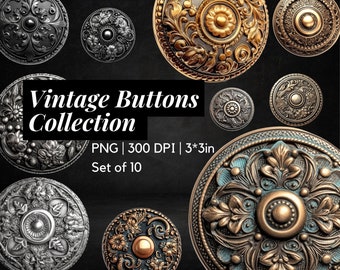 Vintage Victorian Metal Buttons - Set of 10, Floral Pattern, Silver, Delicate Junk Journal Ephemera, Scrapbooking, Crafting, mixed media