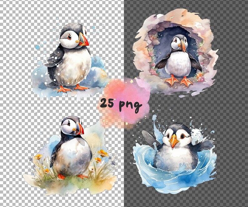 Chubby Puffin Watercolor Clipart - Cute Kawaii Cartoon Puffins, Baby ...