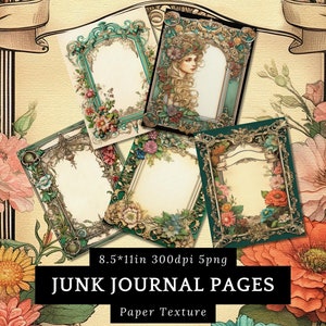 Vintage Floral Junk Journal Pages - Ornate Printable Writing Paper, Art Nouveau Frame Stationery PNG, 8.5x11in 300DPI for Scrapbook, Collage