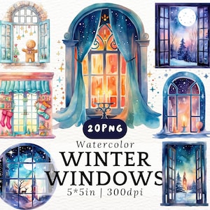 Aquarel winter venster PNG-clipart voor kerstkaarten ongewenste tijdschriften gezellige vakantie decor Sterrennacht scène afdrukbare digitale download