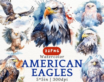 Watercolor Bald Eagle Clipart - Patriotic Eagle PNGs for Sublimation, 4th of July Decor, Wildlife Stickers, Tumbler, Shirt Design