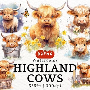 Cute Highland Cow Aquarela PNG Clipart Set para Cartões de Arte de Parede de Berçário Scrapbooking Adesivos Sublimação Download para crianças