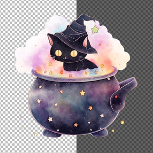 May include: A black cat wearing a witch's hat sits in a purple cauldron with yellow stars. The cauldron is filled with a swirling purple and pink liquid.
