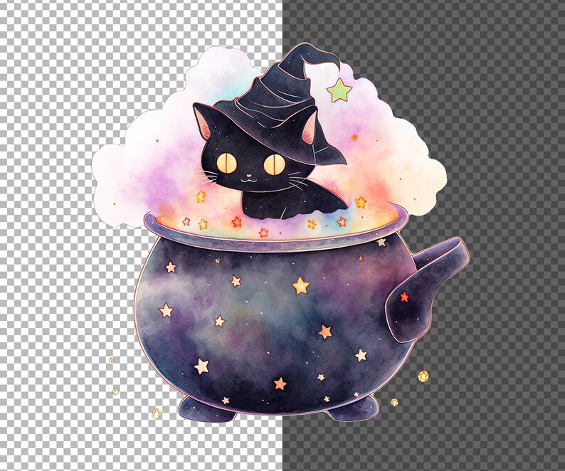 May include: A black cat wearing a witch's hat sits in a purple cauldron with yellow stars. The cauldron is filled with a swirling purple and pink liquid.