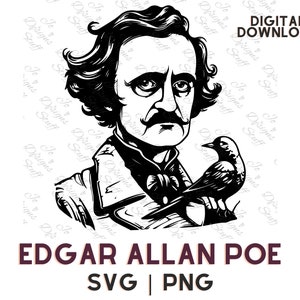 Edgar Allan Poe svg, Cartoon Edgar Allan Poe clipart vector with Raven, Raven svg, png, Illustration Cut Out file for Design Projects