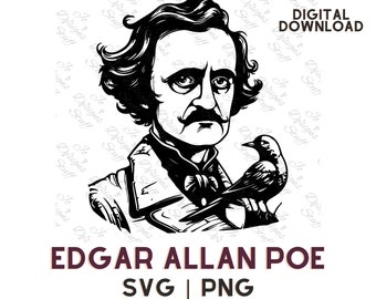 May include: Black and white illustration of Edgar Allan Poe, a famous American author, with a raven perched on his shoulder. The image includes the text "EDGAR ALLAN POE SVG | PNG".