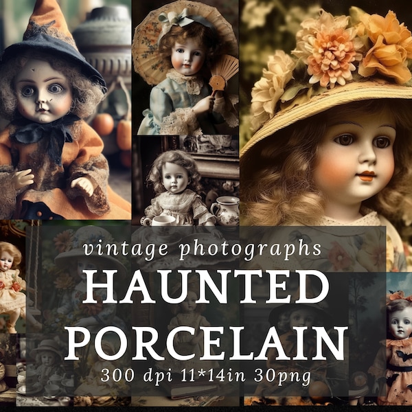 Vintage Doll Photographs - Digital Collage, Antique Halloween Ephemera, Scrapbook Clip Art, Creepy Bisque Porcelain Doll themed Junk Journal