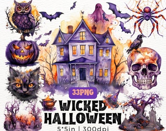 Halloween Spookhuis Clipart PNG Spookachtig Paars Oranje Aquarel Kat Pompoen Heks Geest Vleermuis Schedel Uil Digitale Sticker