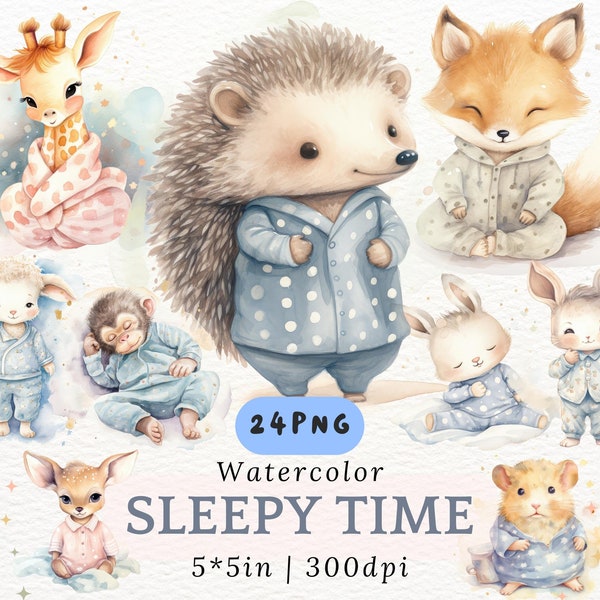 Watercolor Baby Animals in Pajamas Clipart, Chubby Cute Animal PNG,Night Time Cliparts,Sleeping time Png,Nursery Animals PNG,Good Night png