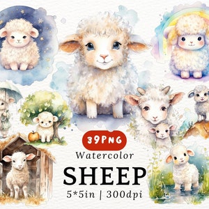 Mollige Schaf Aquarell Clipart - niedliches Kawaii Cartoon Schaf, Baby Lamm PNGs transparenten Hintergrund, süße Tiere, Kinderzimmer Dekor